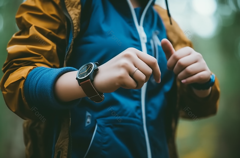 亚洲年轻女孩在户外使用智能手表摄影,高清,摄影图,摄影图片,图片大全,摄影图免费下载